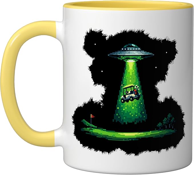 Retro Pixel Art UFO Abducting Golf Cart Funny Alien Golfing Ceramic Mug, Yellow/White