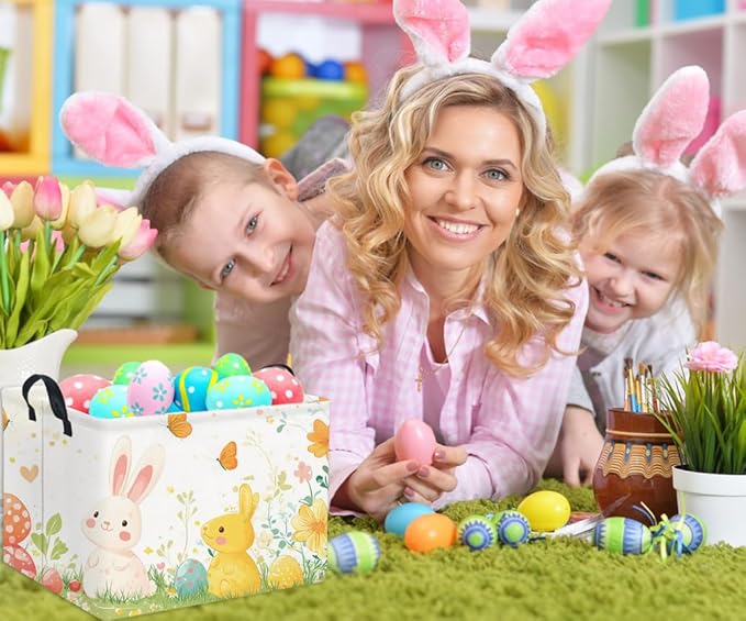 HIYAGON Rectangular Easter Gift Basket Kids Storage Basket for Boys Bunny Room Decor Cute Toy Storage Organizer Bins Bedroom(Colorful Easter Bunny)