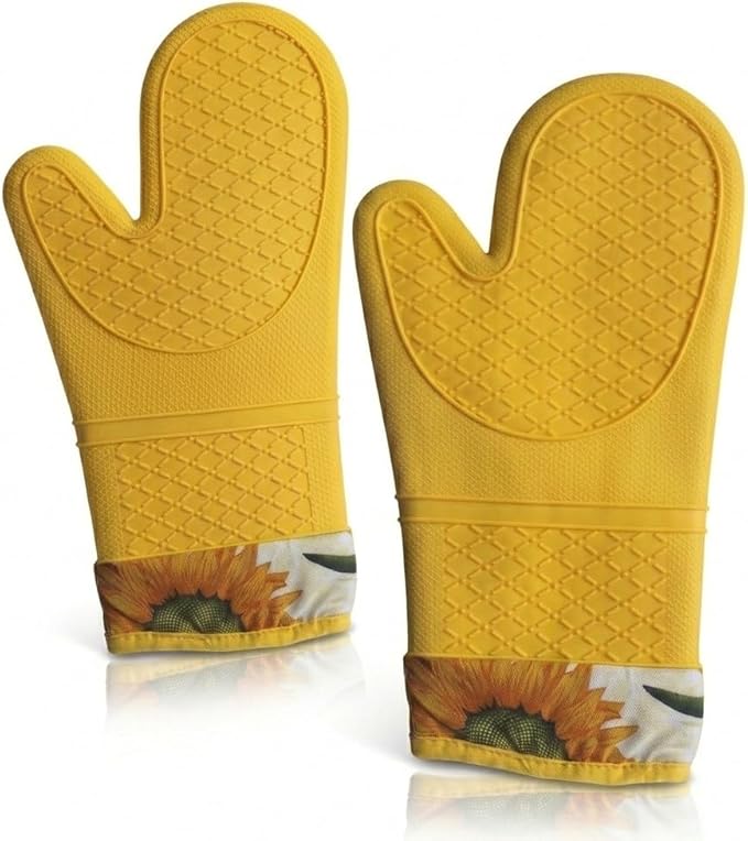 Pair of 2 Heat-Resistant Silicone Oven Mitts – Extra Long, Non-Slip Grip, Soft Cotton Lining, Perfect for Baking, Cooking & BBQ – 13” x 7” Kitchen Gloves (Sun Flower)