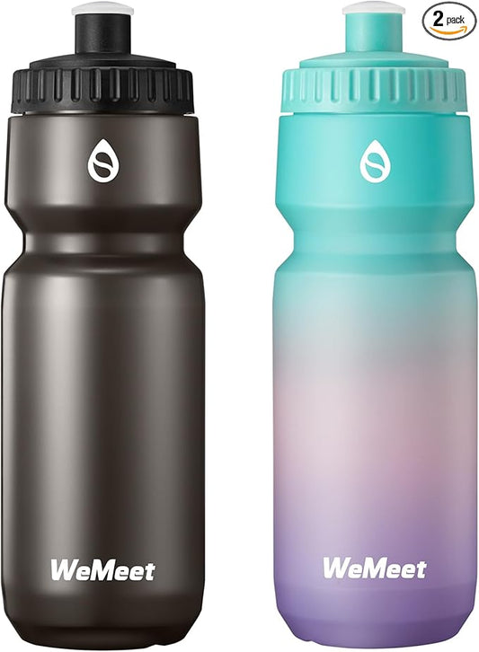 WEMEET Lightweight Bike Water Bottle 24oz, BPA Free, Cycling Squeeze Bottle, Leak Proof Sport Water Bottle with Capacity Scale, for Cycling, Gym (Black & Green Pink Purple, 2 Pack)