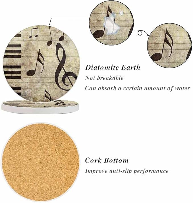 Piano Music Coasters for Drinks Vintage Art Retro Grunge Background Absorbent Ceramic Drink Coaster for Coffee Wooden Table Home Decor Set of 2