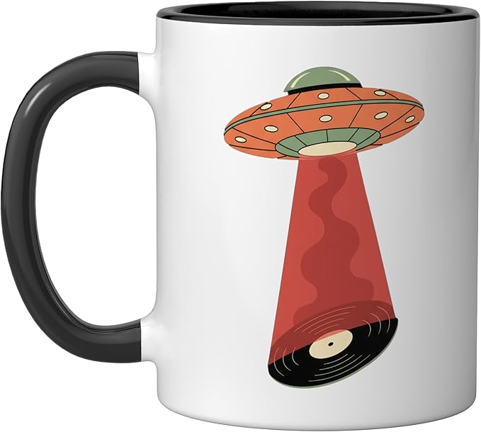 Retro Alien Abduction Record Space Vibes Tee Ceramic Mug, Black/White