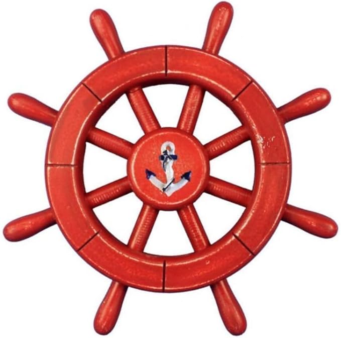 Hampton Nautical Decorative Ship Wheel with Anchor, 12", Rustic Red