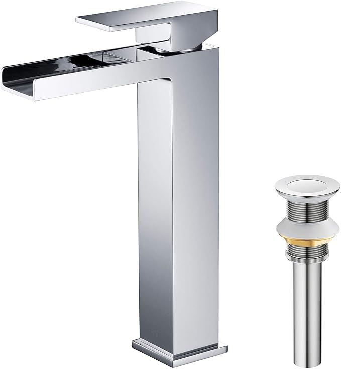 KIBI Waterfall Bathroom Sink Faucet | Single Handle Brass Vanity Faucet with Water Supply Hose | Durable Brass Construction and Smooth Water Flow | Chrome Finish, KBF1005 (Pop Up Drain Included)