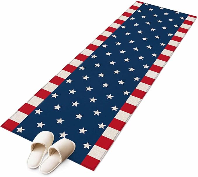 Runner Rug for Bedroom Hallway, American Independence Day Kitchen Runner Rugs Area Rug 2x6ft, USA Stars on Blue Red White Border Washable Soft Floor Carpet for Entryway Stair