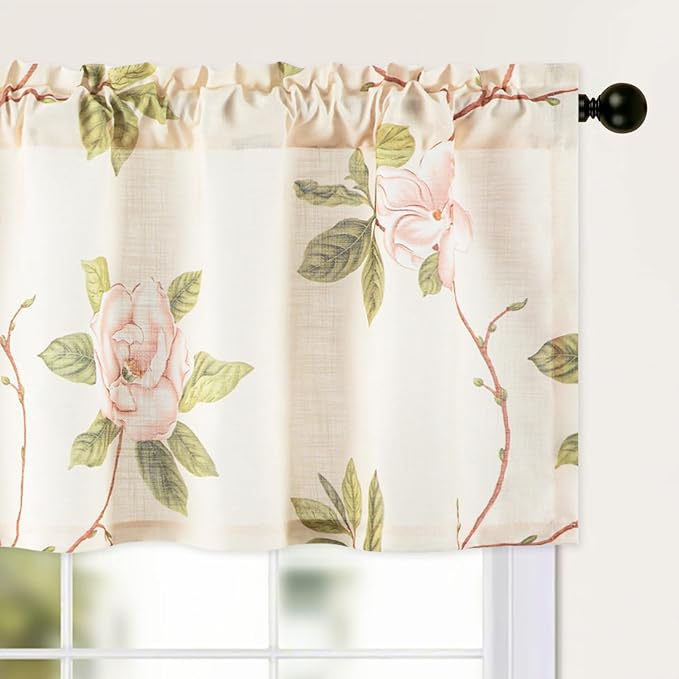 Leeva Floral Printing Kitchen Curtain Valances, Rod Pocket Light Filtering Privacy Linen Look Curtains Window for Living Room Cafe, Rod Pocket Short Drapes for Windows, 52 x 18