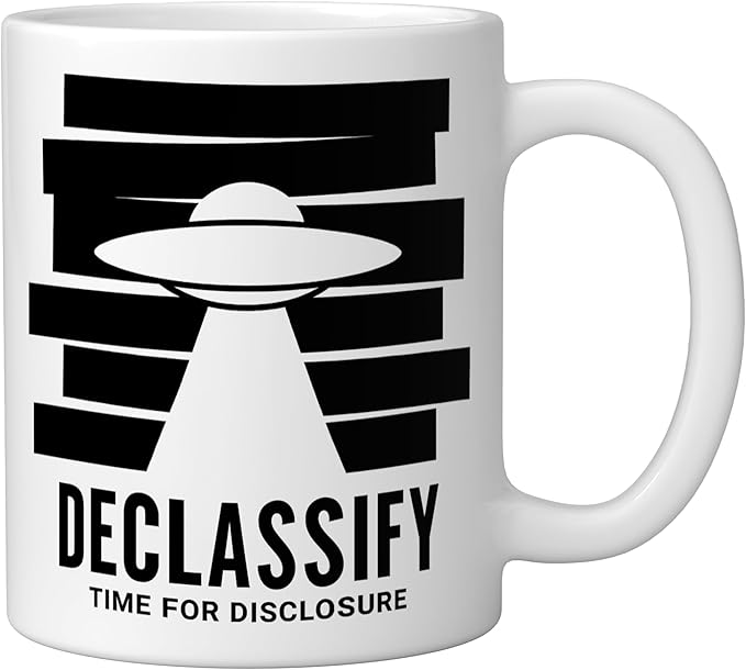 UFO Declassify Disclosure Government Secrets Flying Saucer Ceramic Mug, White