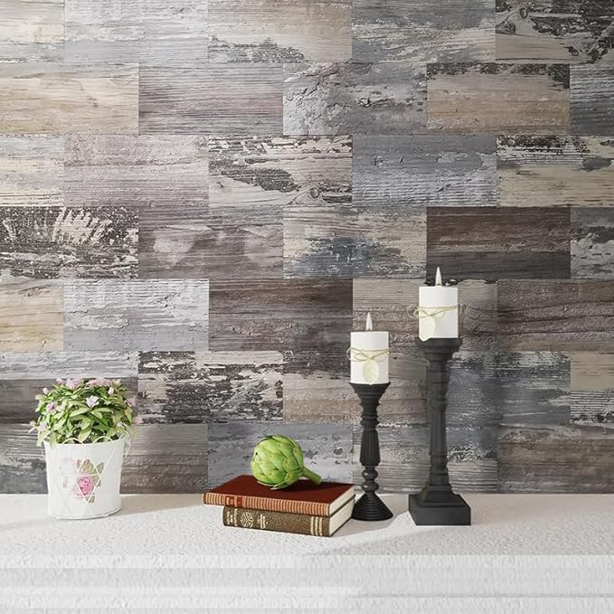 AULIGET 4 Pieces Peel and Stick Backsplash PVC Tile, 3" x 6" Rustic Wood Brick Stick on Tiles