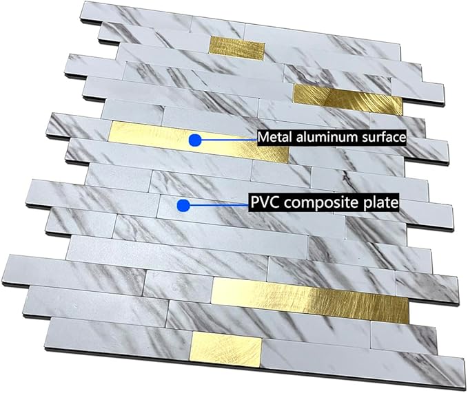 10-Sheet Peel and Stick Backsplash Tile, PVC Mixed Meta,l Stick on Kitchen, Bathroom Vanities, Fireplace Décor, Laundry Table(11.2" X 12.7") (10, White Marble + Golden)