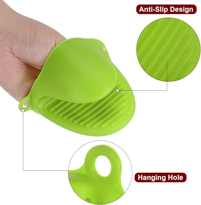 HARFINGTON 4pcs Thickened Mini Oven Gloves, Heat Resistant Silicone Oven Mitts Finger Pinch Grips Pot Holder for Kitchen, Cooking, Baking, BBQ Heat Resistant Gloves, Green