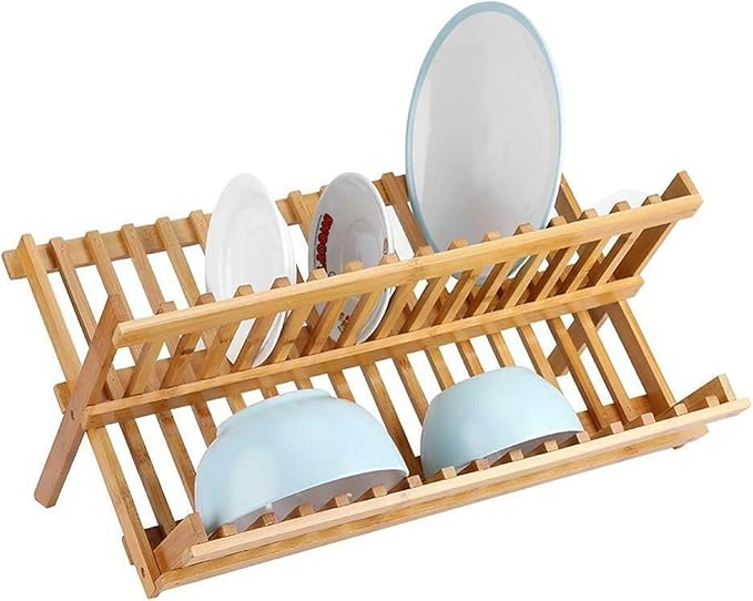 2 Tier Folding Dish Drainer Rack Storage Plate Holder Kitchen Sink Stand Wooden