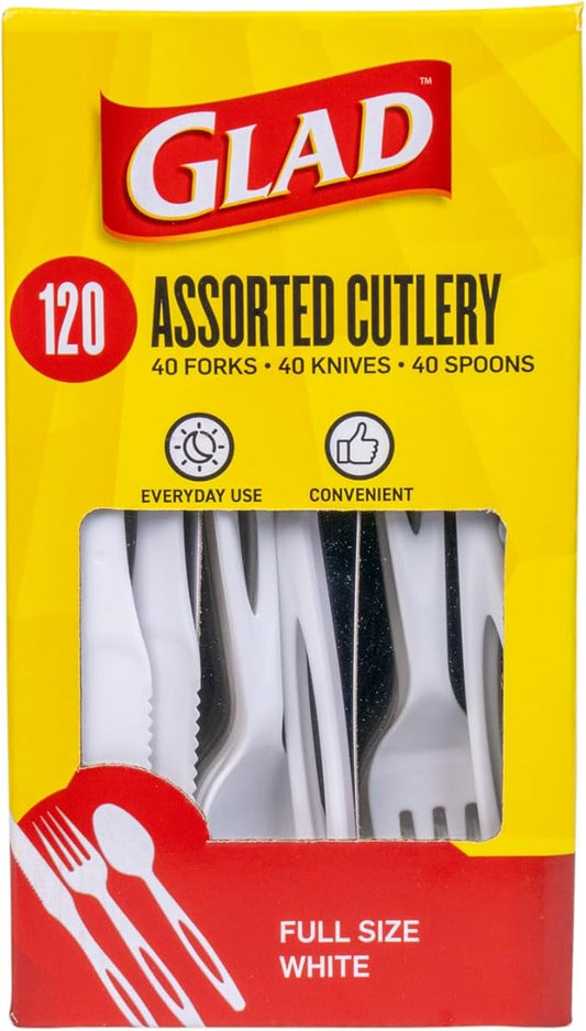 Glad White Disposable Cutlery Set with Heavy Duty Plastic Forks, Knives, and Spoons, Reusable Dishwasher Safe Plastic Utensils for Parties and Everyday Use, 120 Count