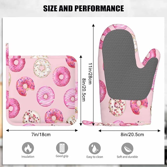 Mxocom Watercolor Donuts Silicone Oven Mitts and Pot Holders Sets Pink Donuts Background BBQ Gloves for Kitchen,Cooking,Baking,Grilling