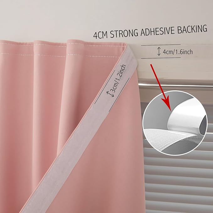 Self Adhesive Curtains, Stick Curtain Blackout Shades Window Cover Curtains for Living Room No Drilling, 59" W X 96" L, Pink, 1 Panel