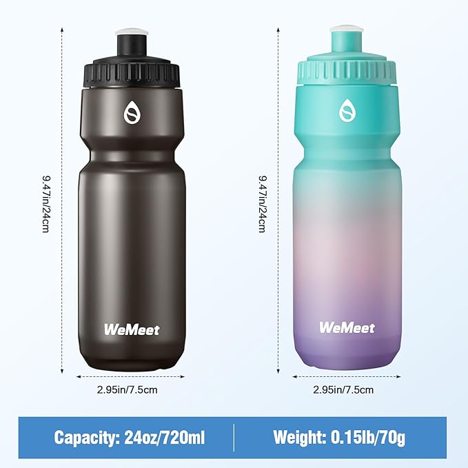 WEMEET Lightweight Bike Water Bottle 24oz, BPA Free, Cycling Squeeze Bottle, Leak Proof Sport Water Bottle with Capacity Scale, for Cycling, Gym (Black & Green Pink Purple, 2 Pack)