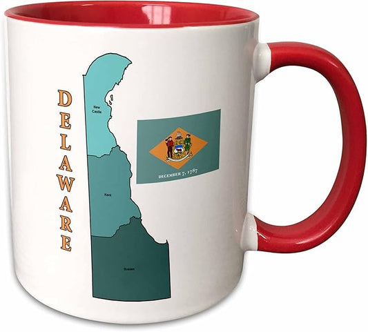 3dRose Map and flag of Delaware with counties labeled and colored. 11oz Two-Tone Red Mug
