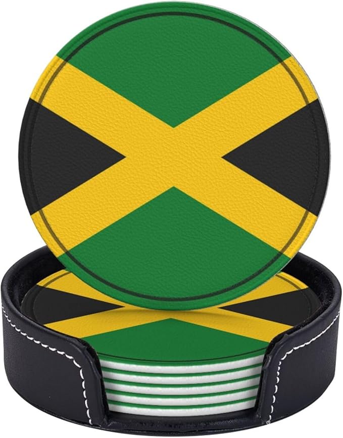 Jamaica Flag Leather Drinks Coasters with Holder, Set of 6, Suitable for Various Cups