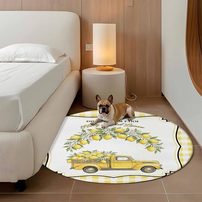 Washable Round Area Rug Farm Yellow Truck Lemon Fruit Circle Rugs Floor Carpet for Living Room Bedroom, Flower Leaves Buffalo Plaid Soft Non Slip Round Rug 4ft