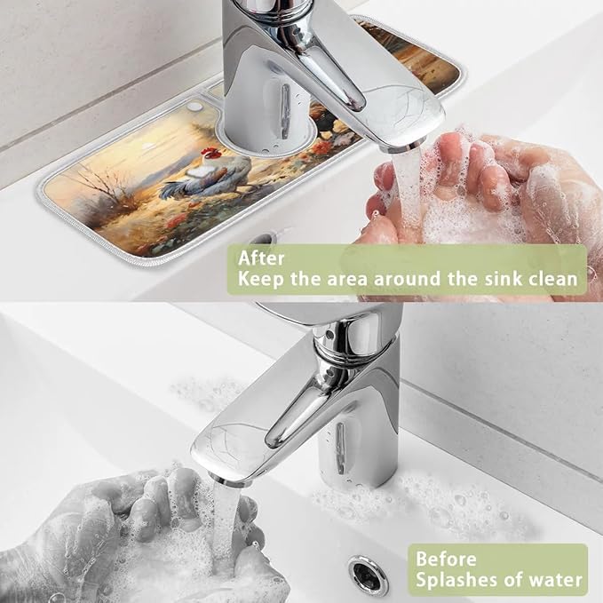 Rooster Courtyard Animal Sink Mat for Kitchen Faucet Absorbent Microfiber Faucet Mat Washable Sink Water Splash Guard Drip Catcher for Faucet