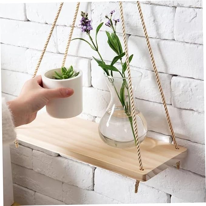 Unomor 2pcs Hanging Rope Shelf Wooden Basket Storage Rack for Wire Shelf Flower Pot Organizing