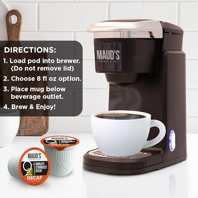 Maud's World's Strongest Decaf Coffee Pods, 100 ct, Decaffeinated Dark Roast Coffee in Single Serve Pods – 100% Arabica Coffee, Compatible with Keurig K Cups Maker