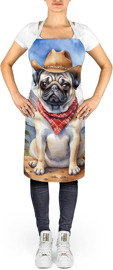 Caroline's Treasures Pug Cowboy Welcome Apron Cooking Kitchen Server Baking Crafts Gardening for Adult Women Men, Unisex, Large, Multicolor