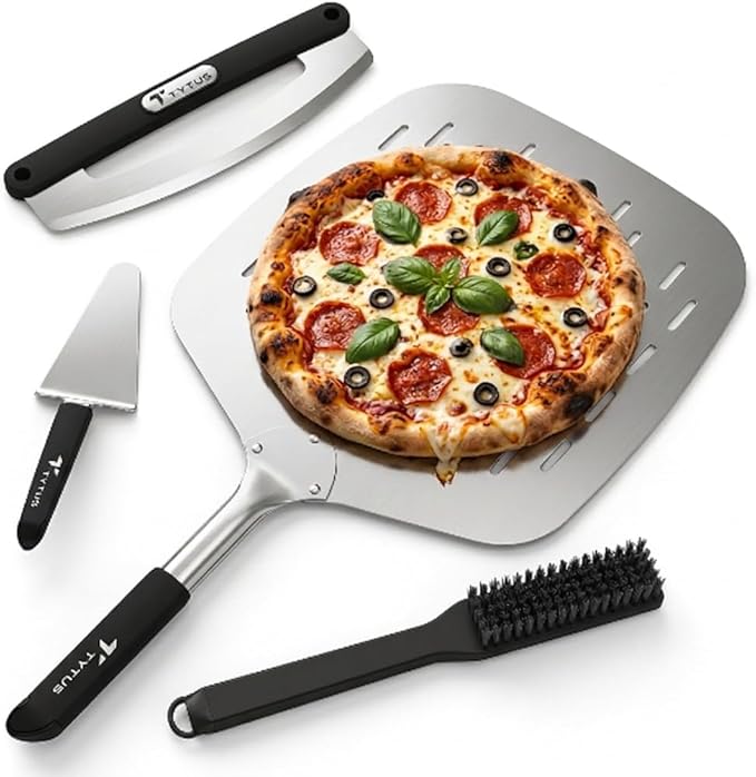 TYTUS Pizza Oven Tool Set 4 Pieces - 12" x 12" Peel, Sharp Rocker, Server & Nylon Stone Brush for Gas Fired Emberwood Pizza Oven