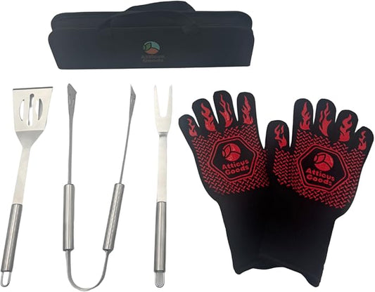 Stainless Steel Grill Set, 5 Piece Heavy Duty Barbecue Tools, BBQ Grilling Accessories Grill Kit with Tongs, Spatula, Fork, Gloves and Zippered Carry Bag