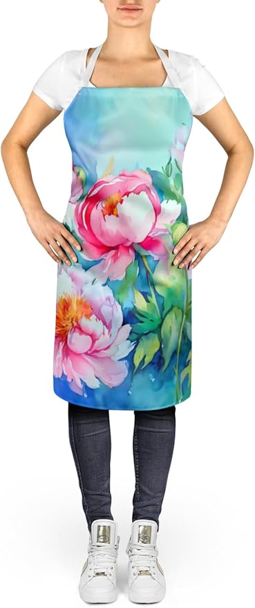 Caroline's Treasures Peonies in Watercolor Apron Cooking Kitchen Server Baking Crafts Gardening for Adult Women Men, Unisex, Large, Multicolor