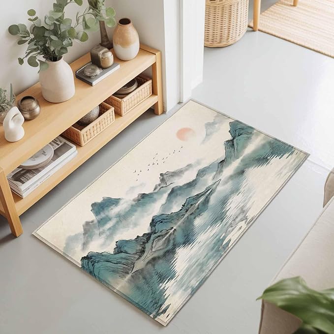 Area Rug 2x3ft, Chinese Zen Landscape Ombre Washable Rugs for Living Room Bedroom, Abstract Mountain Lake Soft Non-Slip Area Rugs Rectangle Floor Carpet for Dining Room