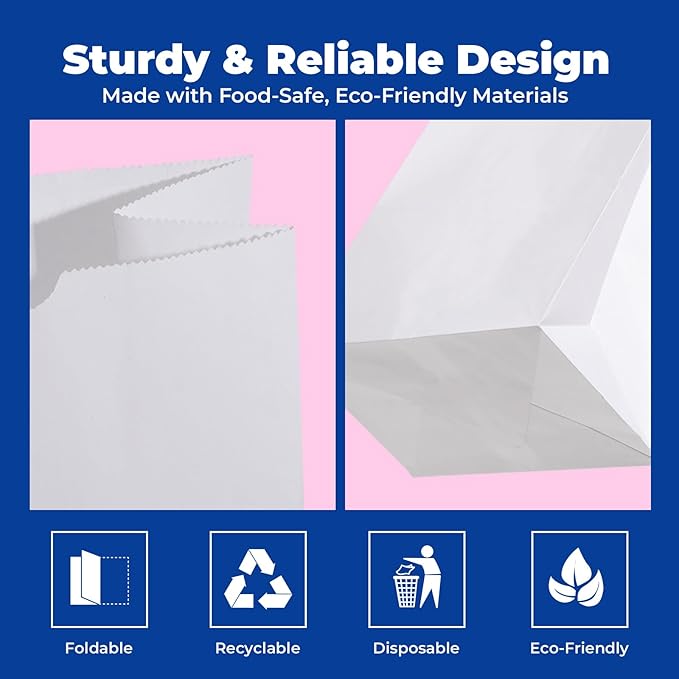 Fit Meal Prep 200 Pack 10 lb White Paper Lunch Bags, 13.2 x 6.3 x 4" Premium White Paper Bags Bulk for Small Business, RecyclableSnack Sacks, Durable Grocery Bag for Food Storage, Packing