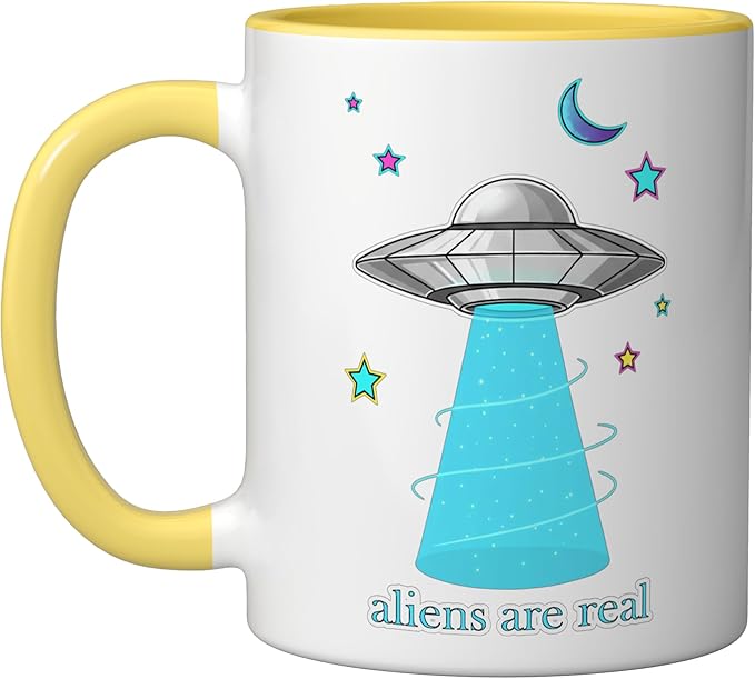 Aliens Are Real Retro UFO Flying Saucer Beam Space Ceramic Mug, Yellow/White