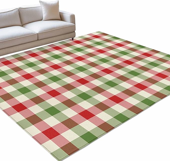 Area Rug 3x5ft, Vintage Pastoral Red Green Buffalo Gingham Washable Rugs for Living Room Bedroom, Christmas Plaid Soft Non-Slip Area Rugs Rectangle Floor Carpet for Dining Room