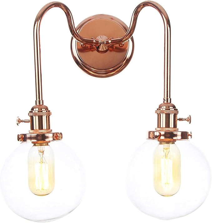 Wall Lamps with Switch, 2-Lights Rose Gold Bathroom Vanity Lights Wall Mounted Lighting Clear Glass Lampshade Wall Sconces(Color:D)