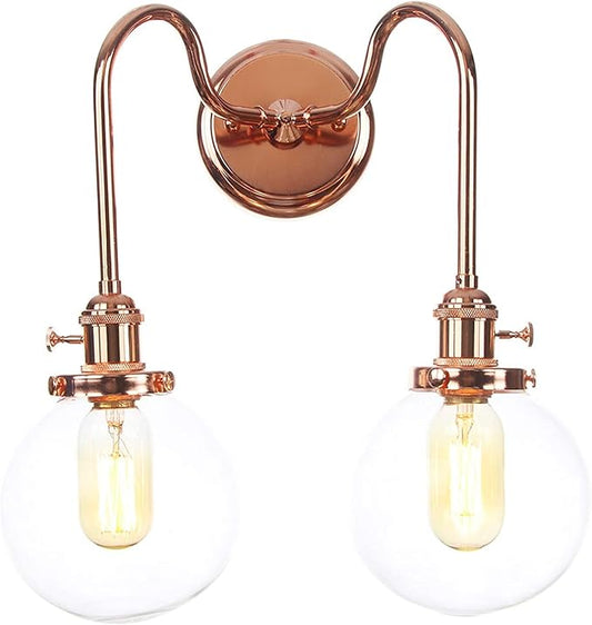 Wall Lamps with Switch, 2-Lights Rose Gold Bathroom Vanity Lights Wall Mounted Lighting Clear Glass Lampshade Wall Sconces(Color:D)