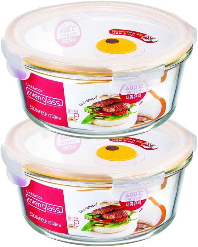 LOCK & LOCK Ovenglass Heat Resistant Glass Round Food Storage Container with Steam Vent, 32.12-oz / 4.02-cup