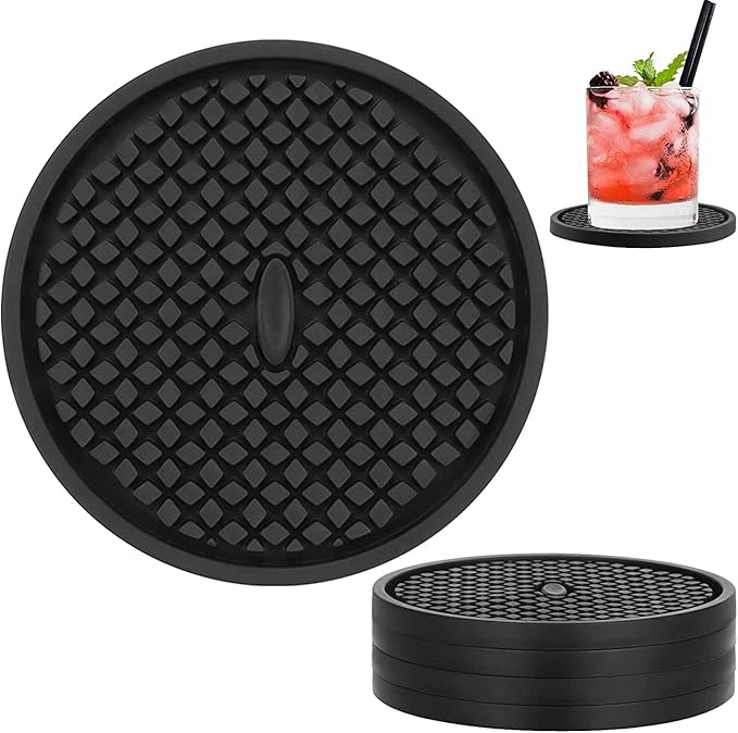 Silicone Coasters for Drinks, Non‑Slip Spill‑Proof Heat Resistant Coasters Set of 4, Reusable Washable Table Protection for Home Decor Kitchen Office, Bar(4Pack,Black)
