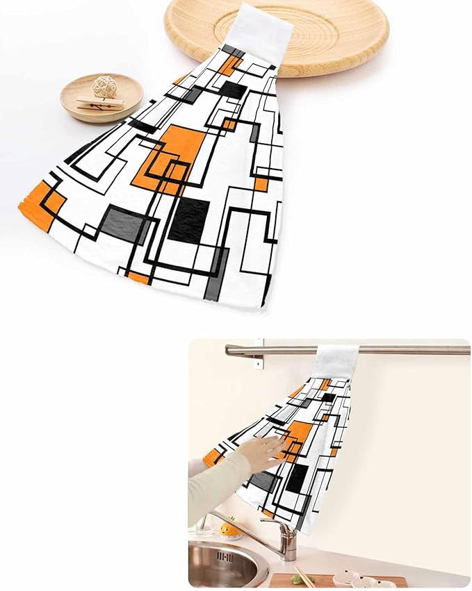 Alandar Home Kitchen Tie Towel Set of 2, Orange Black Geometric Lines Art Absorbent Soft Hand Towels for Bathroom Hanging Towels, Abstract Color Block Fast Drying Cleaning Cloth with Loop