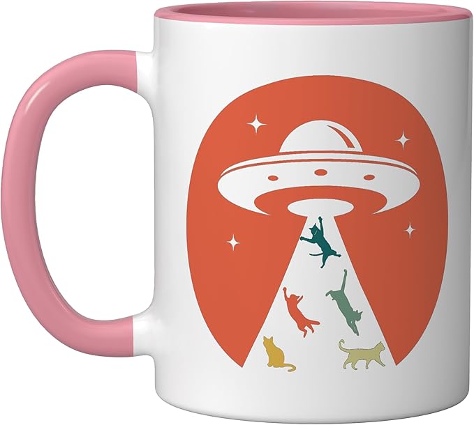 Cat UFO Funny Cat humor Kitten Owner UFO lover flying saucer Ceramic Mug, Pink/White