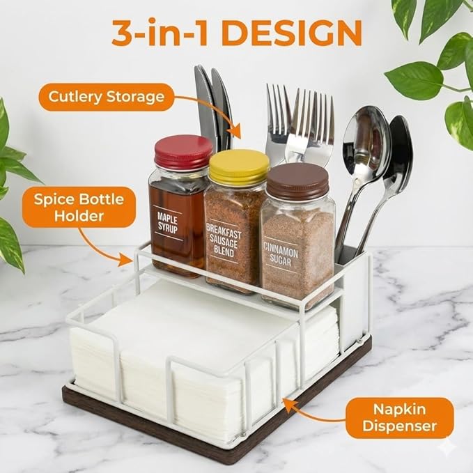 Napkin Holder for Table, 3-in-1 Wood & Metal Utensil Caddy, Cutlery Organizer & Spice Rack for Kitchen Counter, Dining, Outdoor Patio (White)