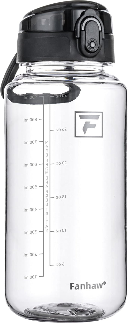 Fanhaw 32 Oz Clear Tritan Water Bottle, BPA-Free & Leak-Proof, Wide Mouth with Anti-dust Chug Lid, Reusable Plastic Bottle for Gym, Travel, School & Office (Clear&Black)
