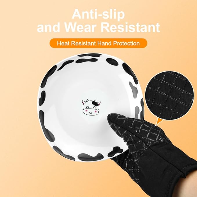 AUAUY Oven Mitts and Pot Holders 4PCS Set, 230°C/446°F Heat Resistant BBQ Gloves, Extra Thicken Long Cotton Oven Mittens, Silicone Stripes Non-Slip Kitchen Mittens for Cooking Baking Grilling