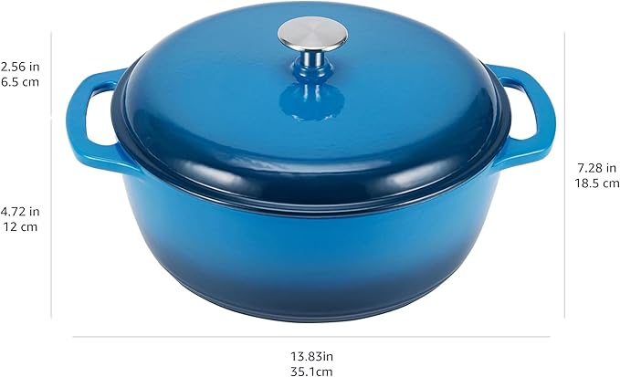 Amazon Basics Enameled Cast Iron Dutch Oven Pot with Lid, Round, Dual Handles, Heavy-Duty, Oven Safe for Baking, Roasting, Stews, 6-Quart, Blue