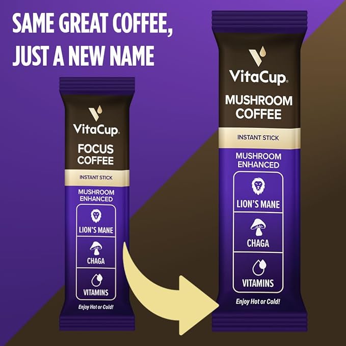 VitaCup Mushroom Coffee Instant Packets, for Memory & Clarity Support, w/Fiber, Chaga, Lion’s Mane, D3, B Vitamins, Medium Roast, 100% Arabica & Robusta Coffee in Single Serve Sticks, 24 Ct