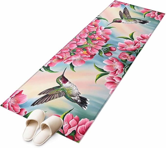 Runner Rug for Bedroom Hallway, Hummingbird Flower Peach Blossom Kitchen Runner Rugs Area Rug 2x6ft, Nature Oil Painting Art Washable Soft Floor Carpet for Entryway Stair