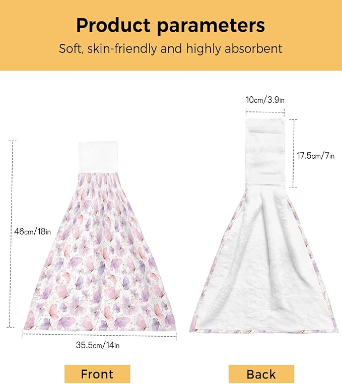 Alandar Home Kitchen Tie Towel Set of 2, Spring Watercolor Butterfly on White Absorbent Soft Hand Towels for Bathroom Hanging Towels, Pink Purple Insects Fast Drying Cleaning Cloth with Loop