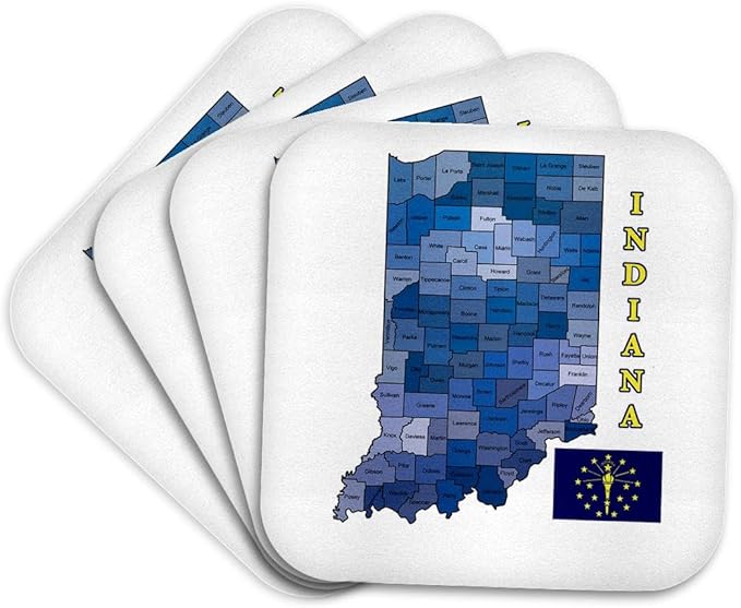 3dRose Flag and County map the State of Indiana. Counties Labeled, Colored Set of 4 Coasters - Soft