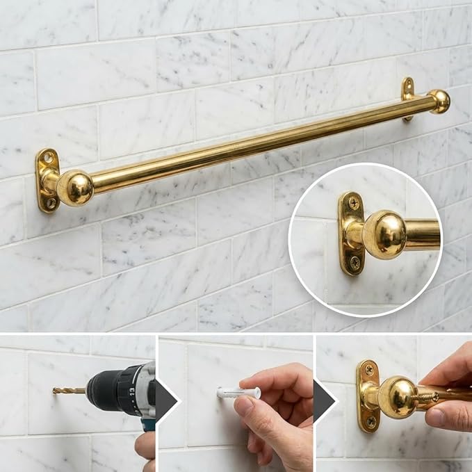 Solid Unlacquered Brass Pot Rail with S Hooks – Wall Mount Kitchen Pot Rack Rod – Vintage Heavy Duty Cookware Organizer for Pots, Pans & Hanging Utensils (84 inch (24 S-Hooks))