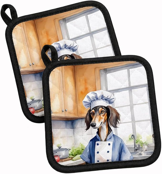 Caroline's Treasures Saluki The Chef Pair of Pot Holders Kitchen Heat Resistant Pot Holders Sets Oven Hot Pads for Cooking Baking BBQ, 7 1/2 x 7 1/2