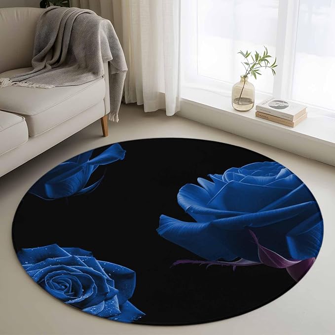 Washable Round Area Rug Abstract Garden Blue Rose Circle Rugs Floor Carpet for Living Room Bedroom, Classic Country Floral Soft Non Slip Round Rug 3ft